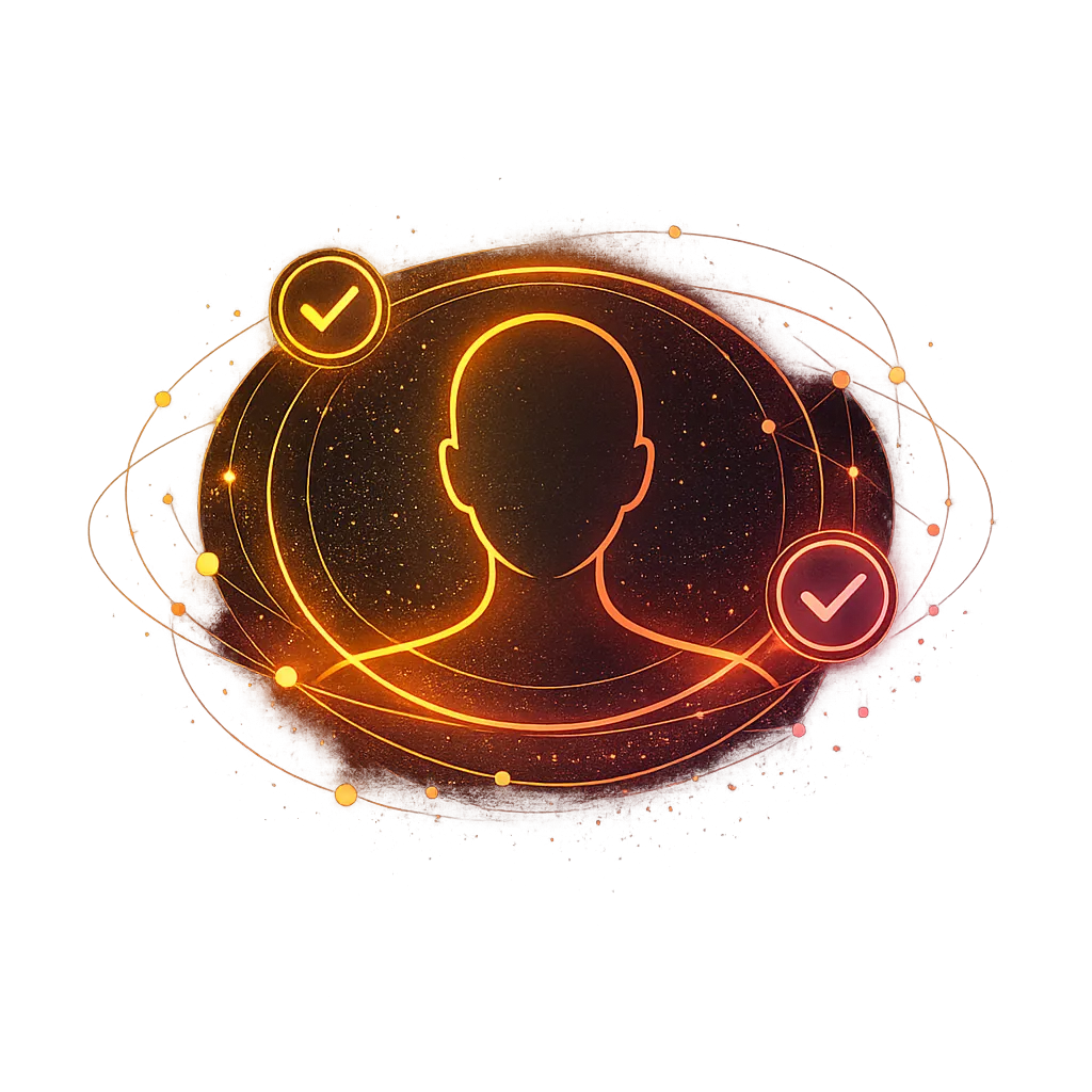 A single verified human, uniquely counted, orbited by proof checkmarks